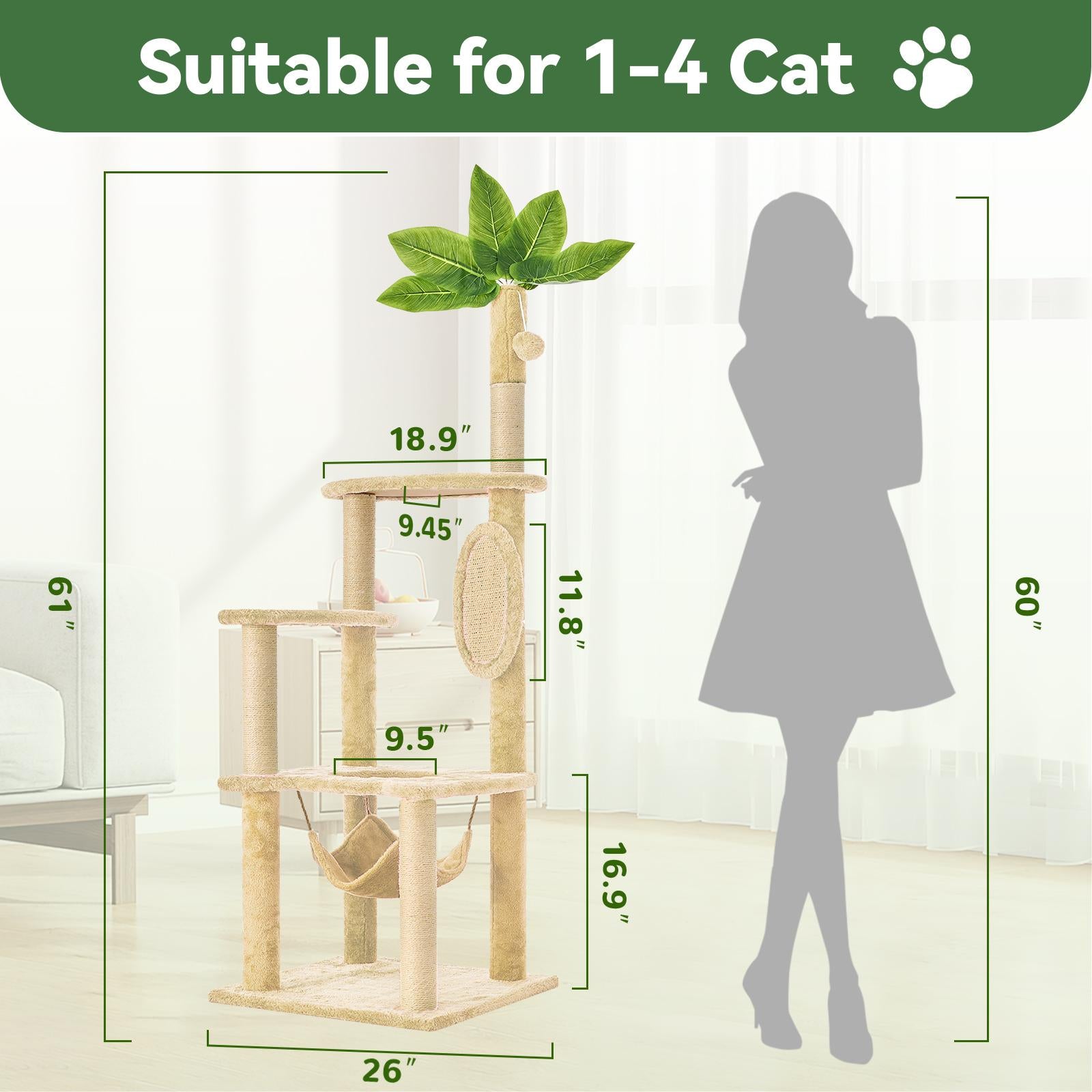 Cat Tree / Tower for Indoor with Green Leaves, Cat Condo Cozy Plush House with Hang Ball,  Pet Furniture with Scratching Posts cat  tree