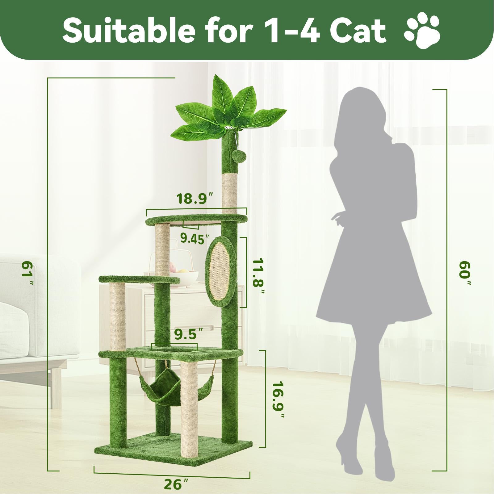 Cat Tree / Tower for Indoor with Green Leaves, Cat Condo Cozy Plush House with Hang Ball,  Pet Furniture with Scratching Posts cat  tree