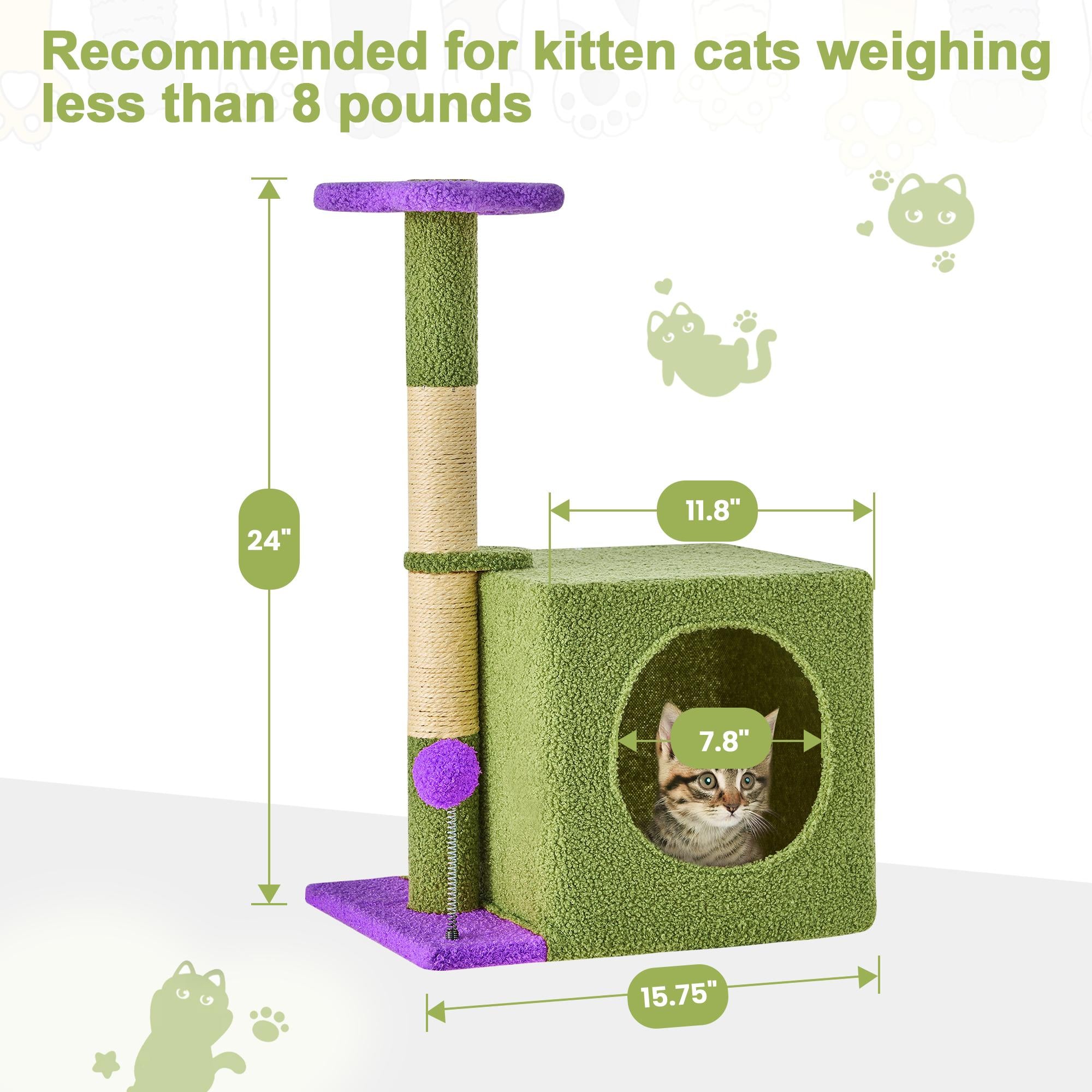 Cat Tree / Tower for Indoor with Green Leaves, Cat Condo Cozy Plush House with Hang Ball,  Pet Furniture with Scratching Posts cat  tree