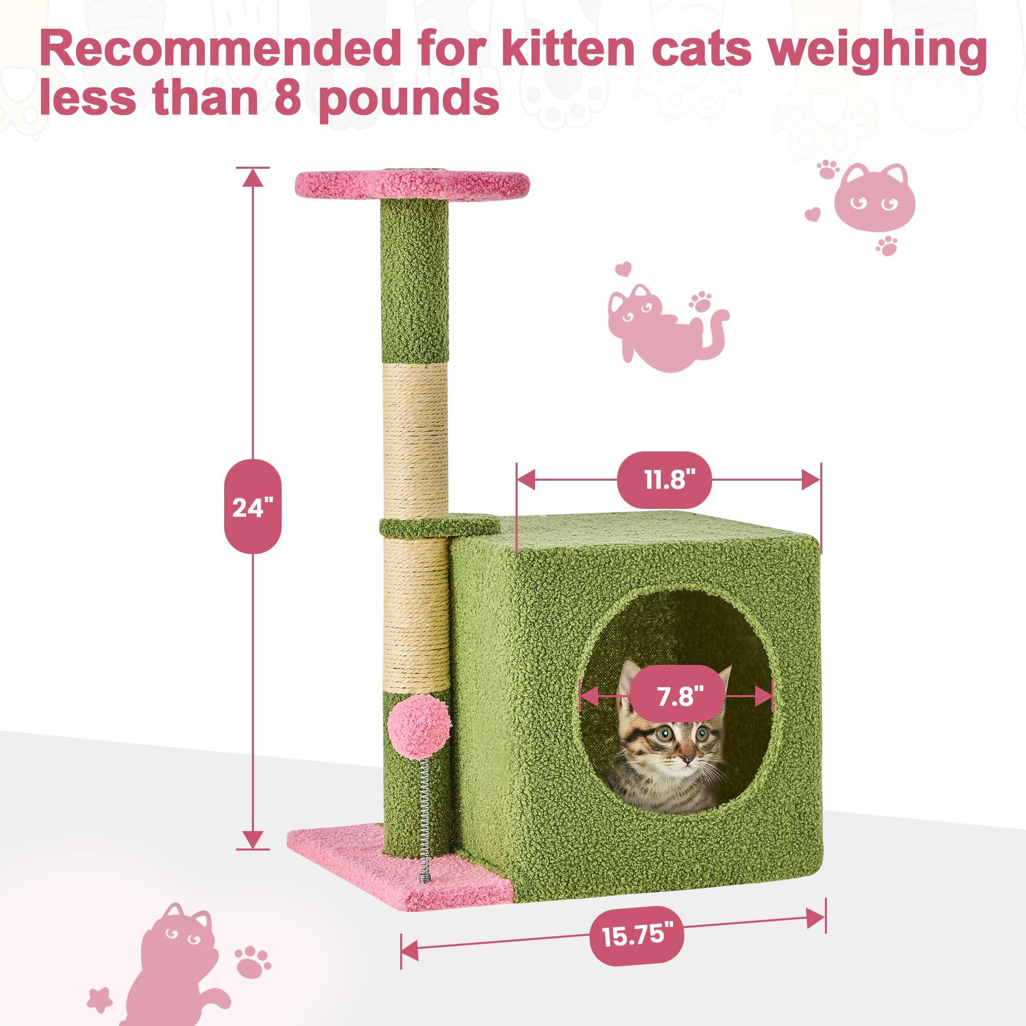 Cat Tree / Tower for Indoor with Green Leaves, Cat Condo Cozy Plush House with Hang Ball,  Pet Furniture with Scratching Posts cat  tree