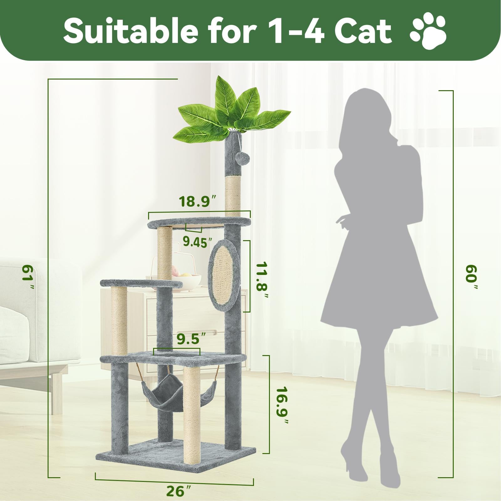 Cat Tree / Tower for Indoor with Green Leaves, Cat Condo Cozy Plush House with Hang Ball,  Pet Furniture with Scratching Posts cat  tree