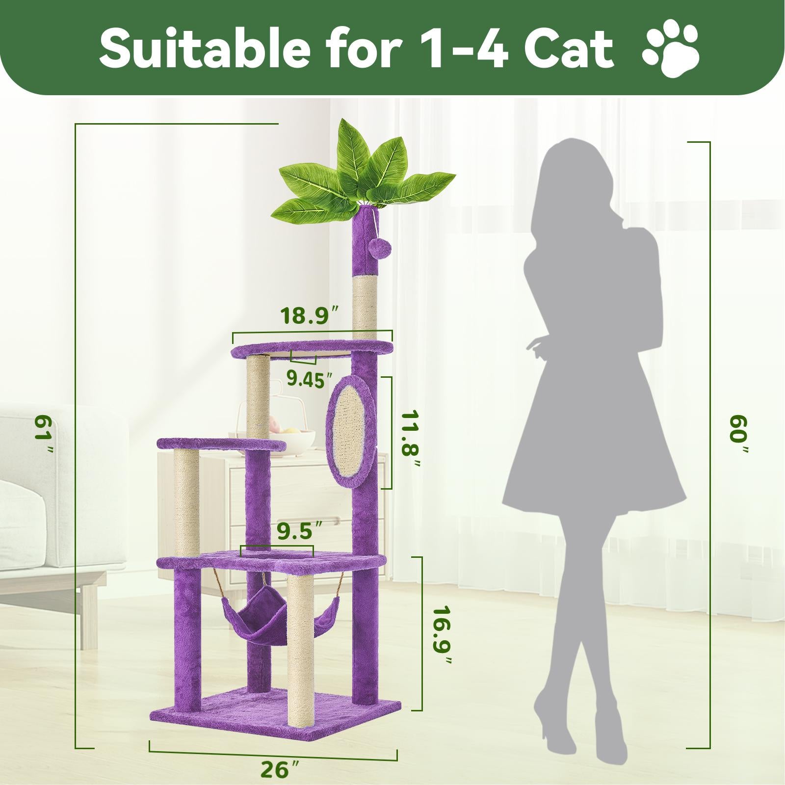 Cat Tree / Tower for Indoor with Green Leaves, Cat Condo Cozy Plush House with Hang Ball,  Pet Furniture with Scratching Posts cat  tree