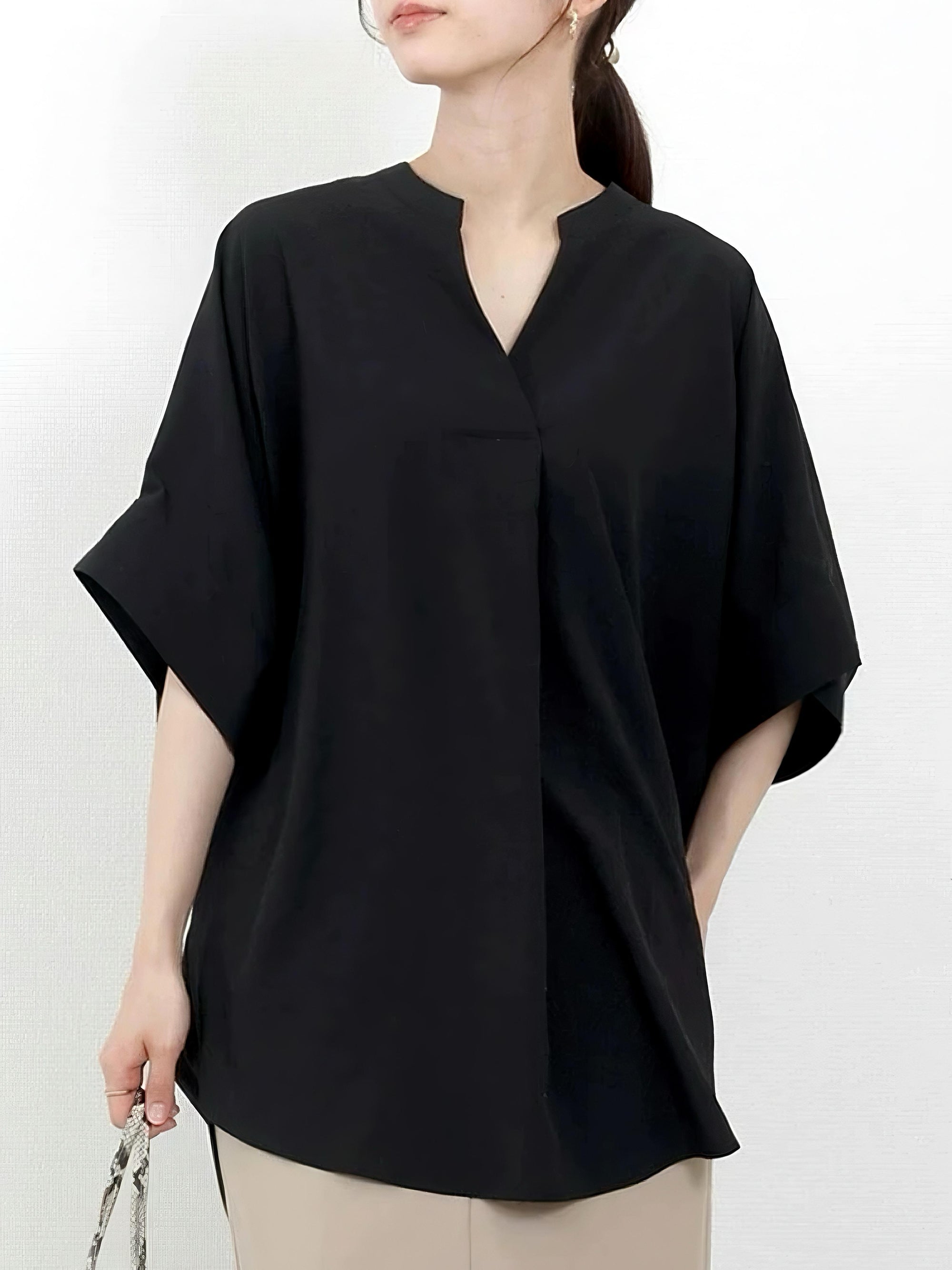 ブラウス レディース シフォン Vネック バットスリーブ カットソー 夏用トップス 体型カバー ゆったり 着痩せ 5分袖 サマー 韓国風 無地 涼しい