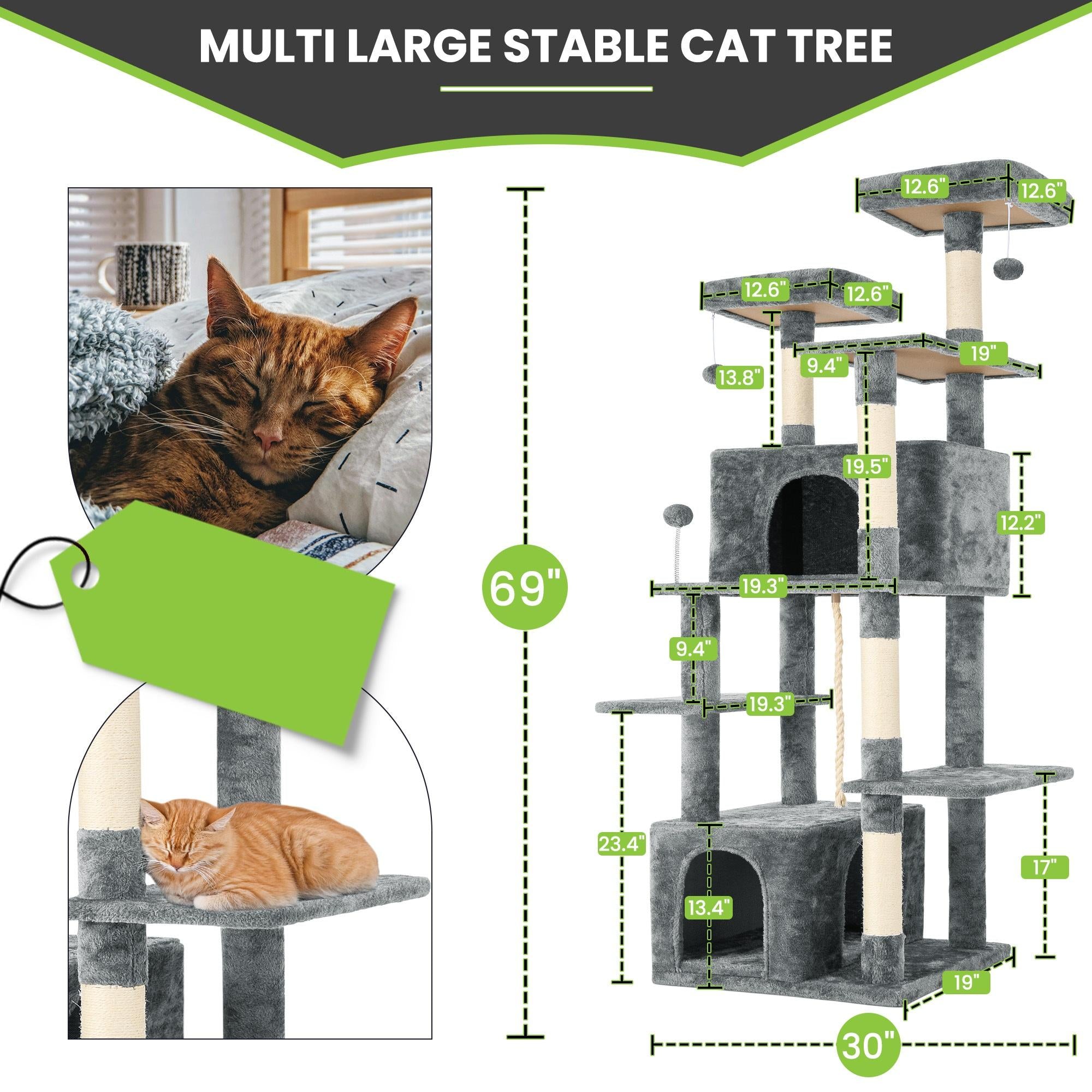 Cat Tree / Tower for Indoor with Green Leaves, Cat Condo Cozy Plush House with Hang Ball,  Pet Furniture with Scratching Posts cat  tree