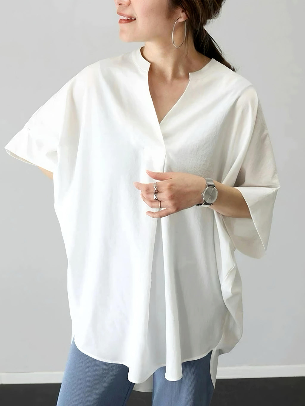 ブラウス レディース シフォン Vネック バットスリーブ カットソー 夏用トップス 体型カバー ゆったり 着痩せ 5分袖 サマー 韓国風 無地 涼しい