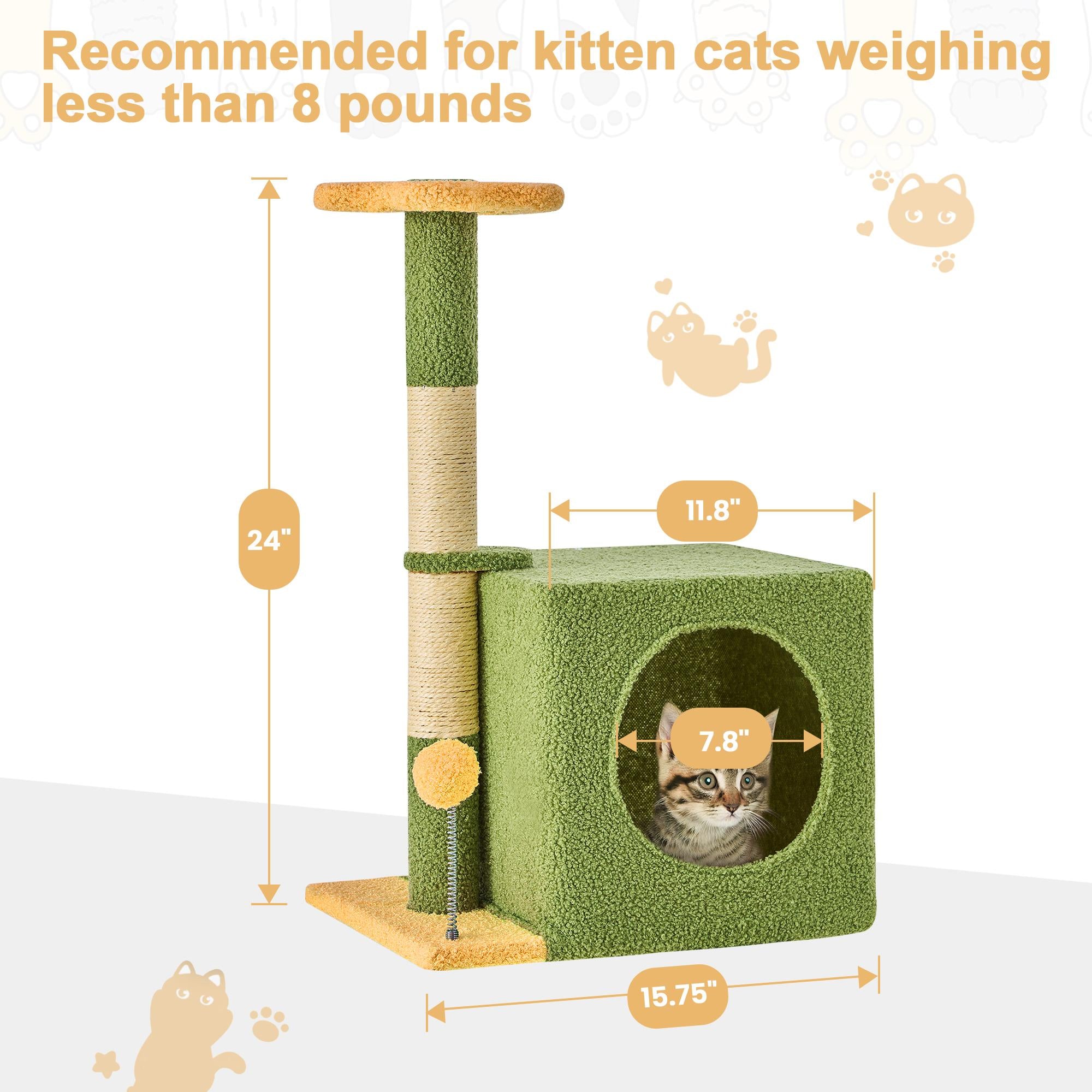 Cat Tree / Tower for Indoor with Green Leaves, Cat Condo Cozy Plush House with Hang Ball,  Pet Furniture with Scratching Posts cat  tree