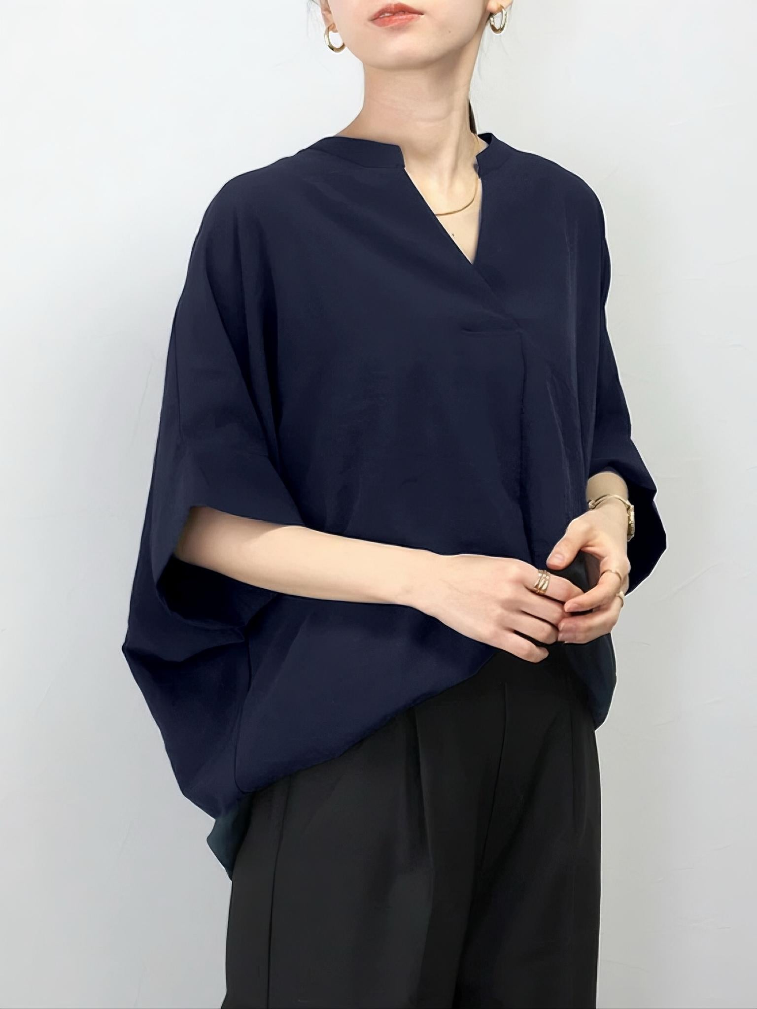 ブラウス レディース シフォン Vネック バットスリーブ カットソー 夏用トップス 体型カバー ゆったり 着痩せ 5分袖 サマー 韓国風 無地 涼しい
