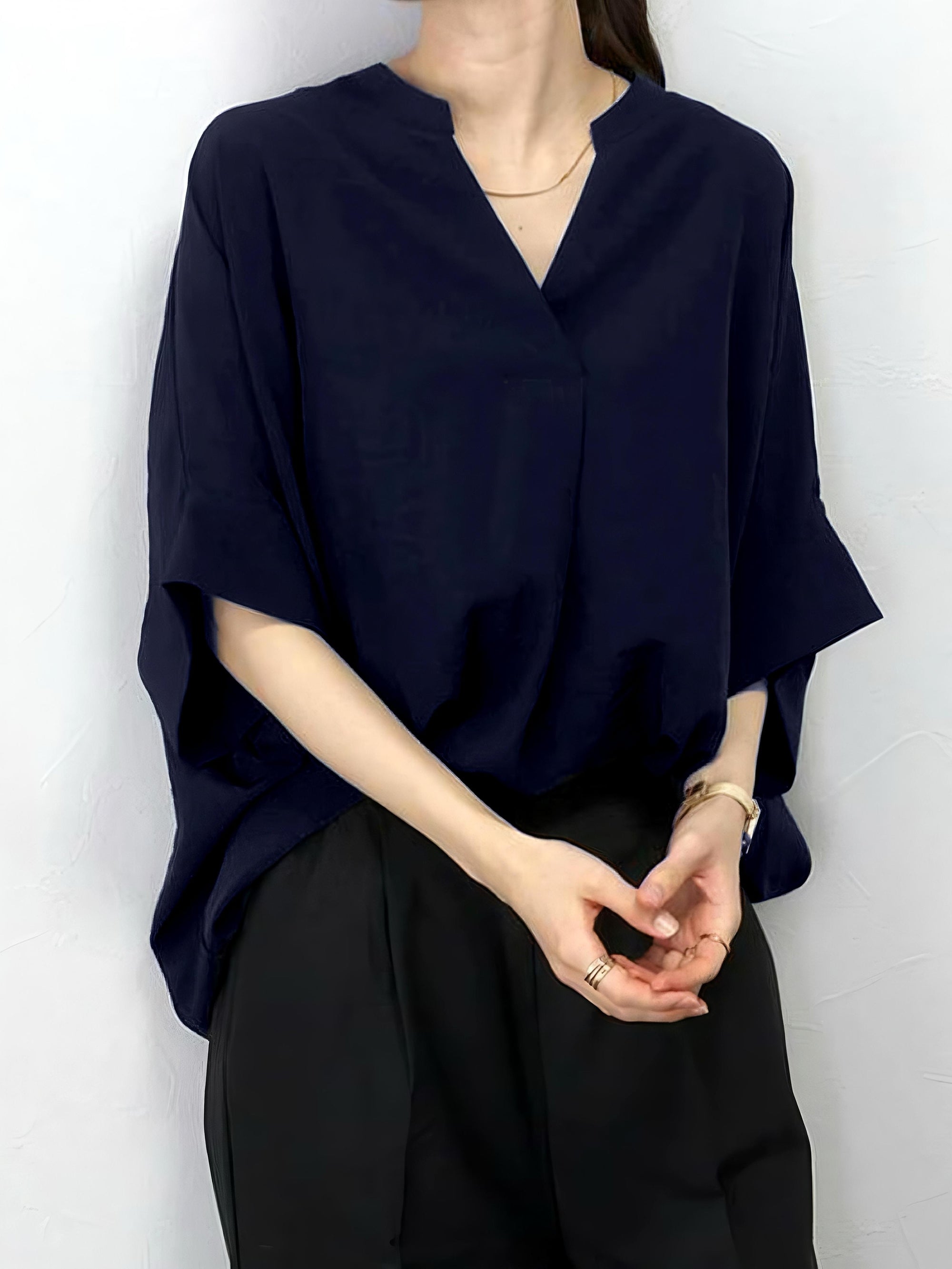ブラウス レディース シフォン Vネック バットスリーブ カットソー 夏用トップス 体型カバー ゆったり 着痩せ 5分袖 サマー 韓国風 無地 涼しい