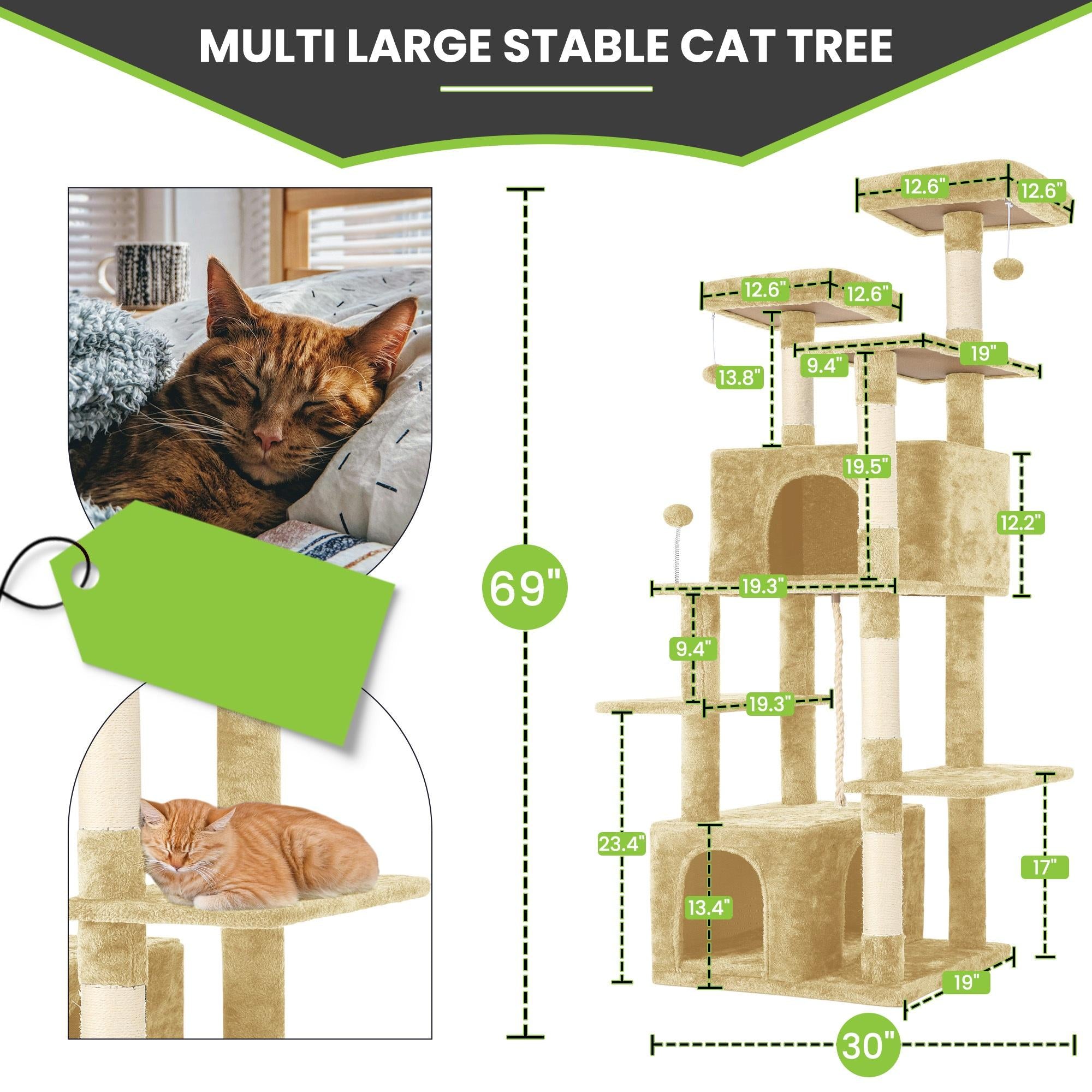 Cat Tree / Tower for Indoor with Green Leaves, Cat Condo Cozy Plush House with Hang Ball,  Pet Furniture with Scratching Posts cat  tree